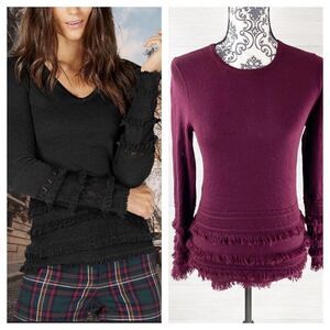 Trina Turk Pointelle Merino Wool Fringe Crewneck Sweater